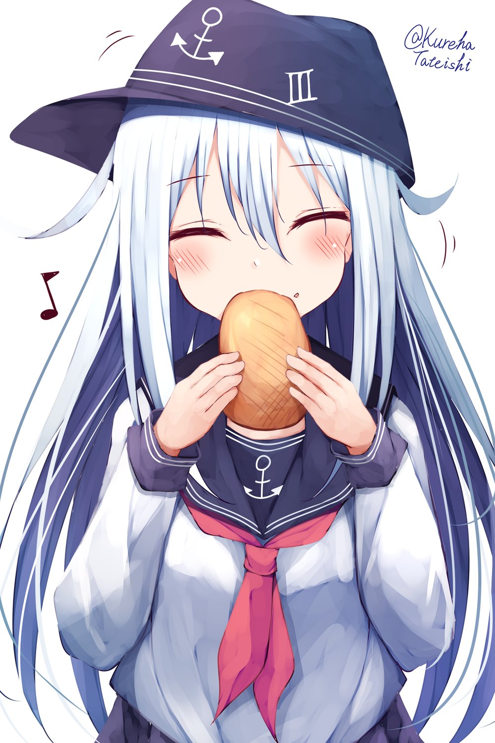 1girl ^_^ anchor_symbol black_hat black_sailor_collar blush closed_eyes eighth_note flat_cap food food_on_face hat hibiki_(kancolle) highres holding holding_food kantai_collection long_hair long_sleeves motion_lines musical_note neckerchief pirozhki red_neckerchief sailor_collar school_uniform serafuku silver_hair simple_background solo tateishi_kureha white_background
