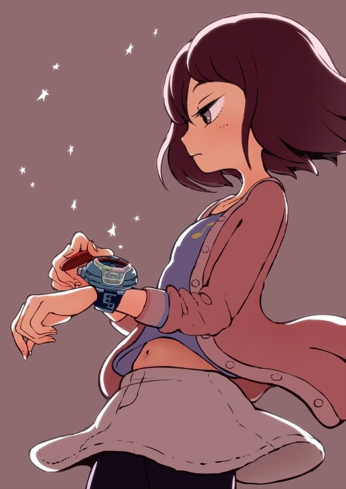 10s 1girl 33333_33333 black_pantyhose female_focus misora_inaho navel no_eyewear pantyhose profile short_hair simple_background skirt solo star_(symbol) watch youkai_watch youkai_watch_(object) youkai_watch_3 youkai_watch_u_prototype