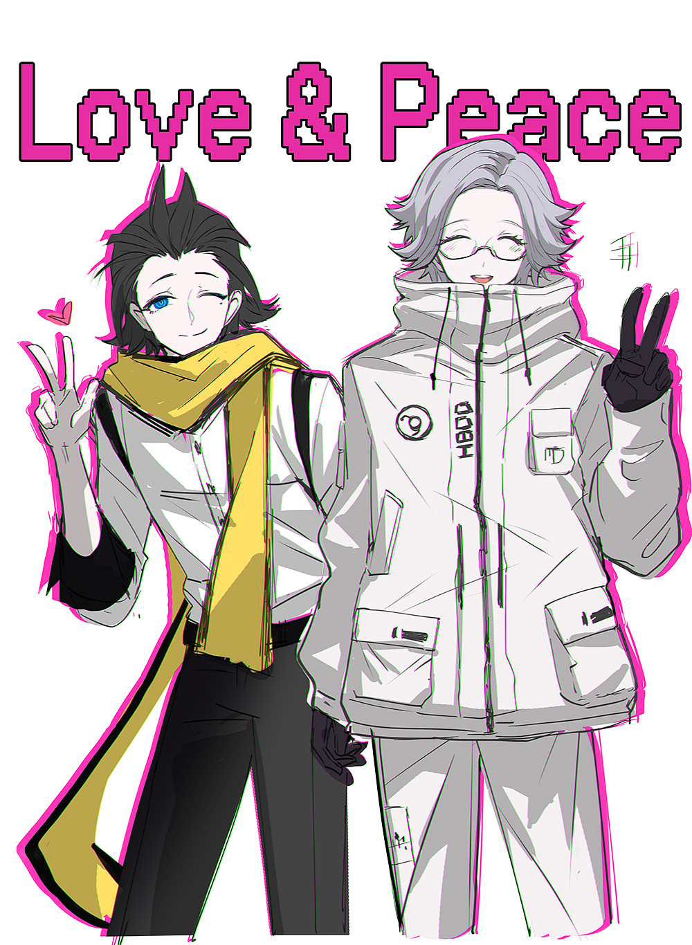 2boys ^_^ aotsuki_eito black_gloves black_hair black_pants blue_eyes breast_pocket catchphrase chinese_commentary closed_eyes cowboy_shot crossover drawstring drop_shadow english_text glasses gloves grey_hair hair_slicked_back hand_up heart highres jacket kaede1231 long_scarf looking_at_viewer male_focus mochizuki_ryouji mole mole_under_eye multiple_boys one_eye_closed pants persona persona_3 pocket scarf shirt short_hair simple_background smile suspenders teeth the_hundred_line_-last_defense_academy- upper_teeth_only v white_jacket white_shirt yellow_scarf zipper