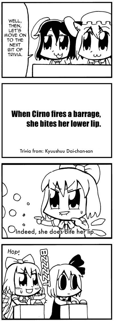 4girls 4koma barrage bkub chen cirno comic danmaku female_focus fountain_of_trivia greyscale hard-translated inaba_tewi monochrome multiple_girls rumia shoot_the_bullet third-party_edit touhou translated