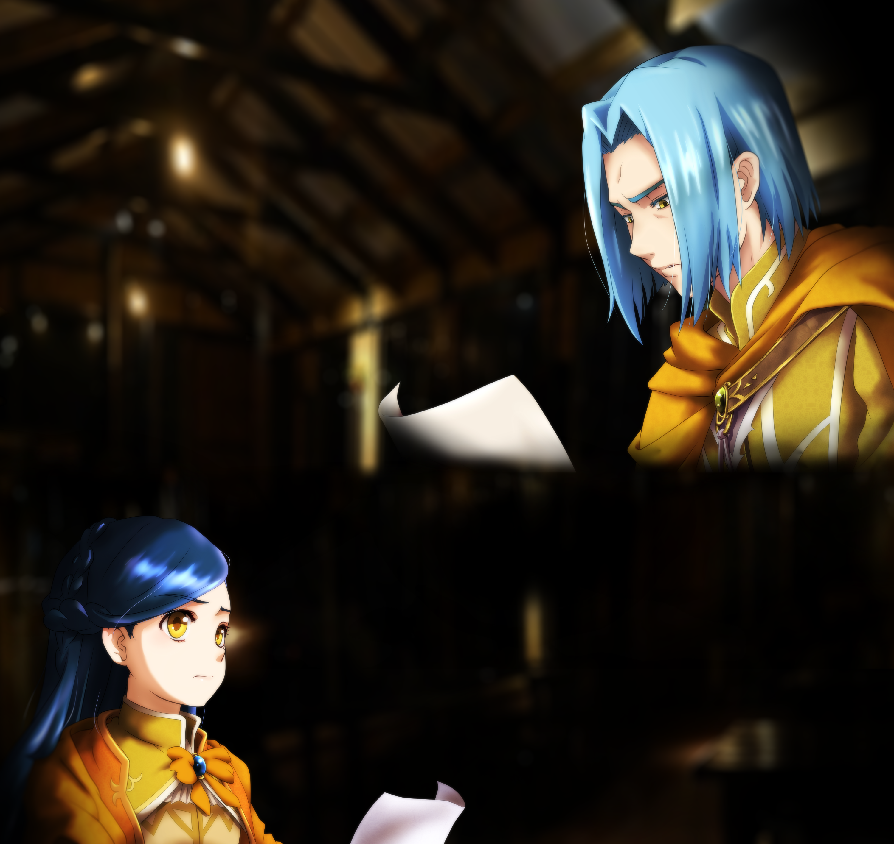 1boy 1girl absurdres blue_hair blurry blurry_background bow bowtie braid brown_eyes crown_braid ferdinand_(honzuki_no_gekokujou) genya_(genya67) highres honzuki_no_gekokujou indoors jewelry myne_(honzuki_no_gekokujou) orange_bow orange_bowtie paper reading serious split_image stray_hair wooden_beam yellow_eyes