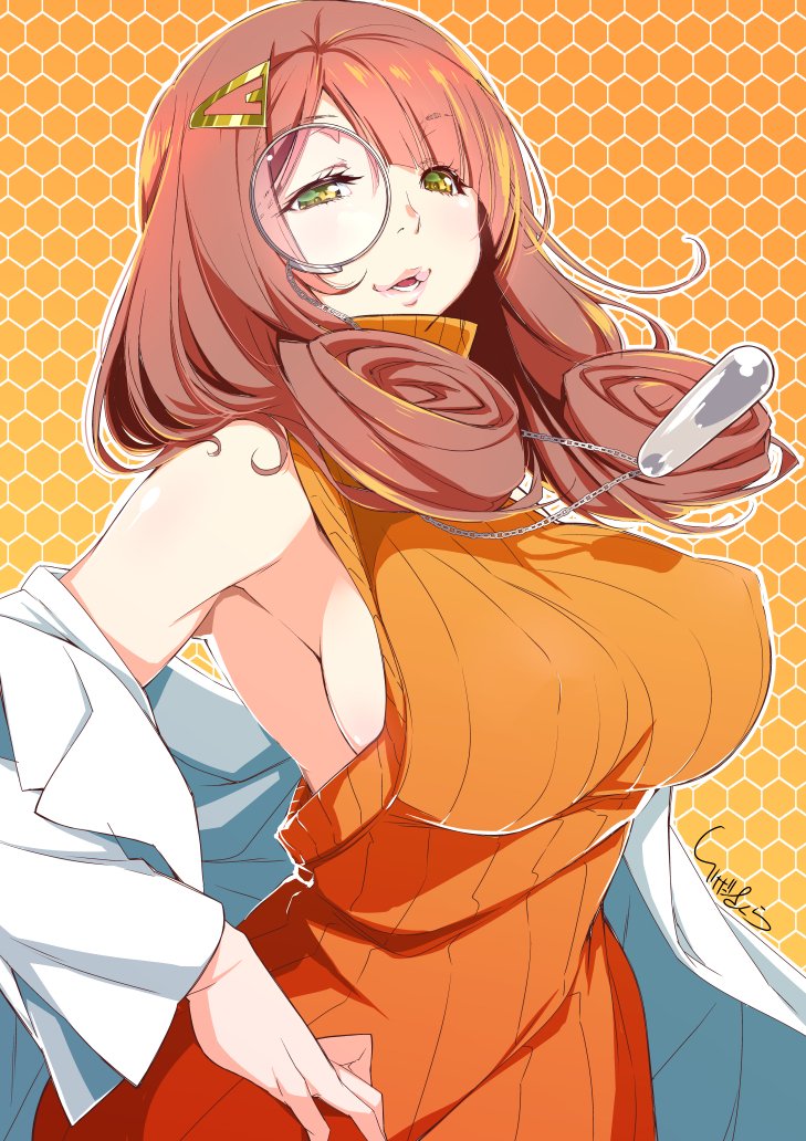 1girl :3 aoki_hagane_no_arpeggio armpits breasts brown_hair cowboy_shot hair_ornament hairclip honeycomb_(pattern) honeycomb_background hyuuga_(aoki_hagane_no_arpeggio) ikeda_sakura lab_coat large_breasts looking_at_viewer monocle off_shoulder orange_shirt ribbed_sweater shirt sideboob solo standing sweater yellow_eyes