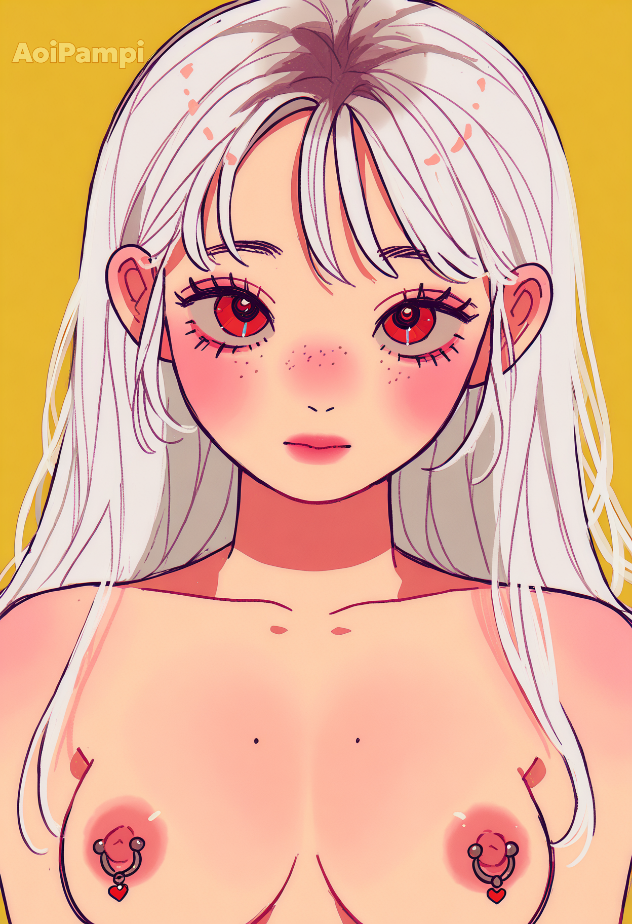 1girl aoi_pampi bare_shoulders blonde_hair blush breasts cleavage closed_mouth collarbone eyelashes freckles highres long_hair looking_at_viewer mole mole_on_breast nipple_jewelry nipple_piercing nipple_rings nipples original piercing red_eyes simple_background solo solo_focus white_hair
