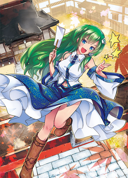 1girl blue_eyes boots breasts detached_sleeves dress female_focus frog frog_hair_ornament gohei green_hair hair_ornament kochiya_sanae long_hair medium_breasts navel oonusa open_mouth shrine skirt snake snake_hair_ornament solo star_(symbol) tamon_ketsuyuki touhou