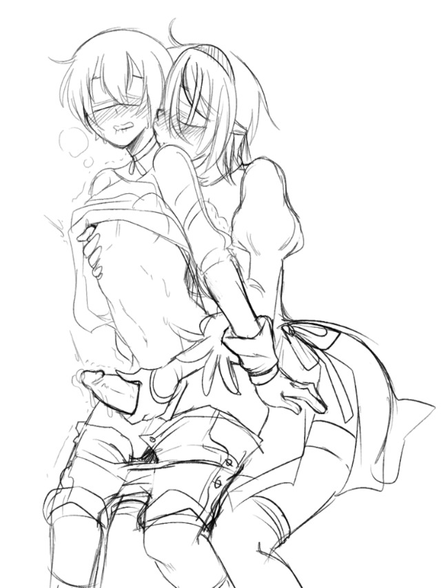 2b_(nier:automata) 9s_(nier:automata) clothes_lift handjob hetero lineart nipple_stimulation pride-kun shirt_lift