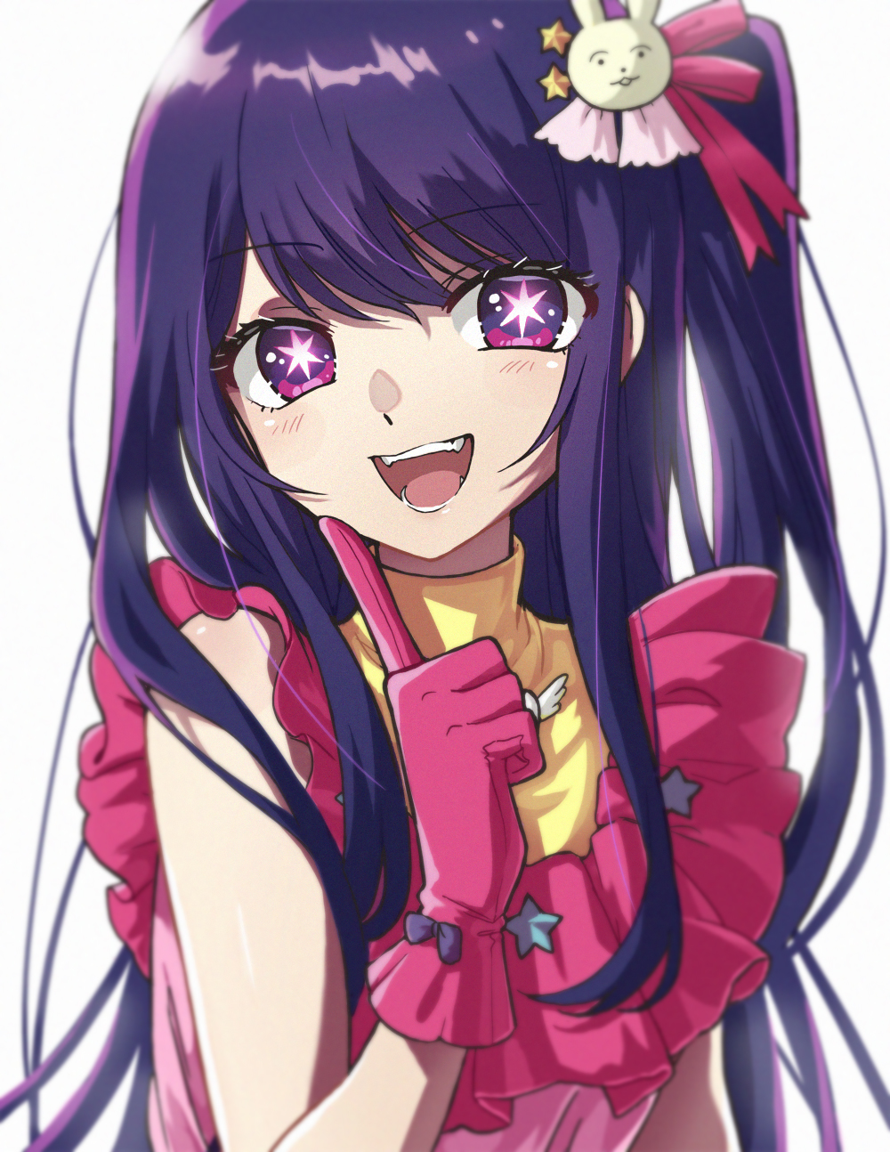 +_+ 1girl blush commentary_request gloves hair_ornament highres hoshino_ai idol long_hair monotsuki open_mouth oshi_no_ko pink_gloves pointing pointing_at_self purple_eyes purple_hair rabbit_hair_ornament teeth