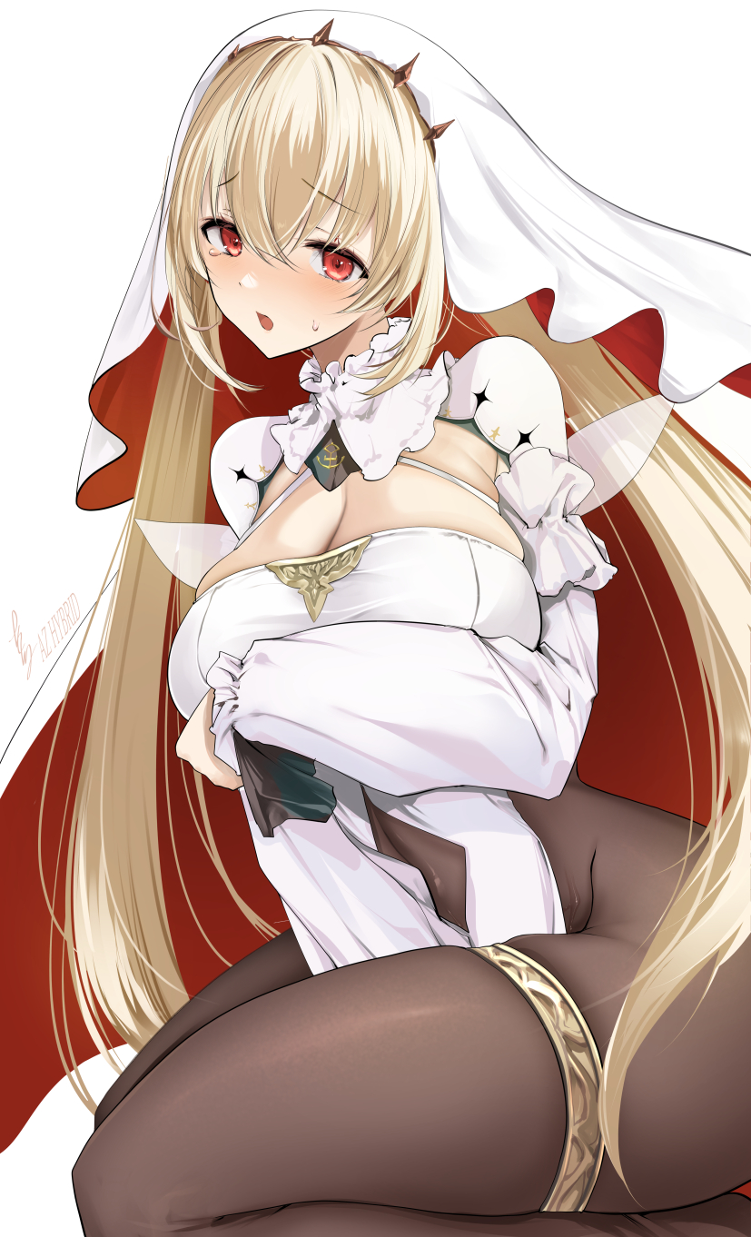 1girl azur_lane blonde_hair breasts brown_pantyhose cleavage cleavage_cutout clothing_cutout hair_between_eyes highres kersaint_(azur_lane) large_breasts long_hair long_sleeves looking_at_viewer navel_cutout open_mouth pantyhose red_eyes simple_background sitting solo veil very_long_hair white_background won_(az_hybrid)