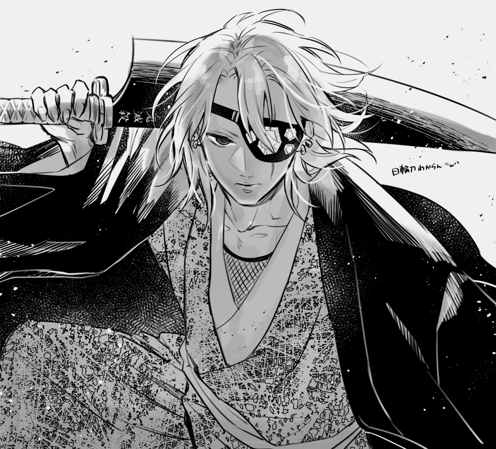 1boy and_rira carrying_over_shoulder crystal earrings eyepatch fishnets floating_hair greyscale haori holding holding_sword holding_weapon japanese_clothes jewelry kimetsu_no_yaiba kimono long_sleeves looking_at_viewer male_focus monochrome on_one_knee one_eye_covered short_hair simple_background sword sword_writing upper_body uzui_tengen weapon