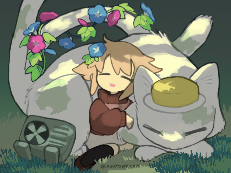 animal black_socks blonde_hair blue_flower brown_shoes brown_sweater cat closed_eyes condenser_unit deformed flower grass green_background grey_skirt hair_flaps hat light_smile long_sleeves mixed-language_commentary morning_glory multiple_tails no_nose open_mouth oversized_animal plant puffy_long_sleeves puffy_sleeves purple_flower regurusu_(nagarevosi) shoes sitting skirt sleeping_animal socks sweater tail twitter_username two_tails urotsuki vines wariza white_cat yellow_hat yume_2kki
