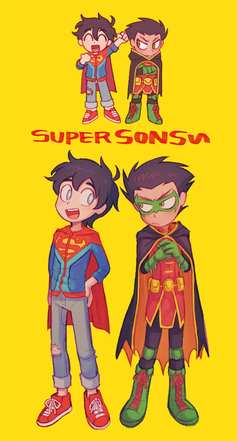 2boys batman_(series) batrobin_k black_cape black_hair blue_eyes boots cape closed_eyes commentary crossed_arms damian_wayne dc_comics domino_mask frown gloves green_eyes green_gloves highres jonathan_kent male_focus mask multiple_boys open_mouth red_cape robin_(dc) shoes smile sneakers superboy superhero_costume superman_(series)