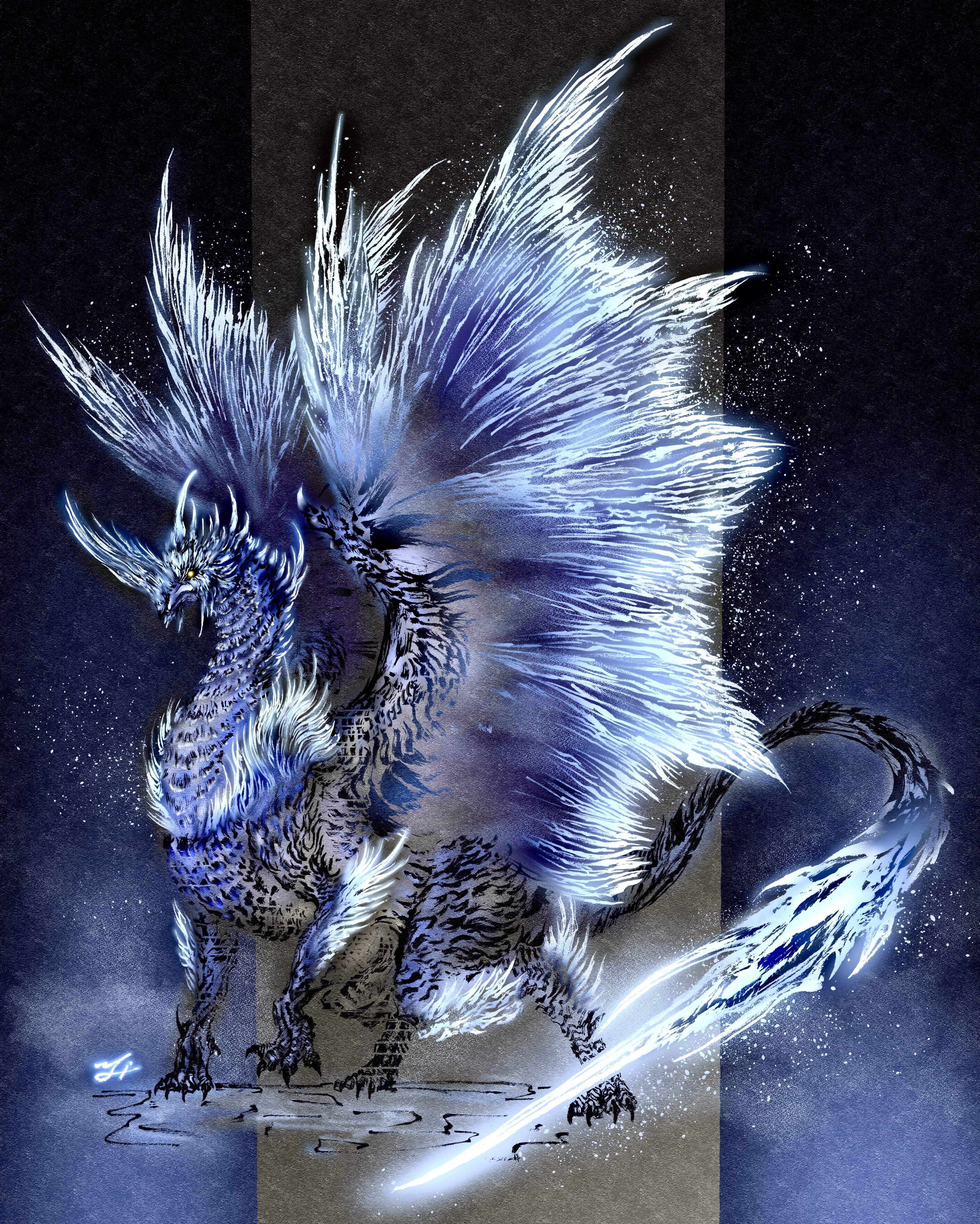 absurdres calligraphy_brush_(medium) claws deadpool_yuchan digitigrade dragon dragon_tail dragon_wings frost full_body highres horns ice monster monster_focus monster_hunter_(series) no_humans scales sharp_tail signature solo spikes tail velkhana western_dragon wings yellow_eyes
