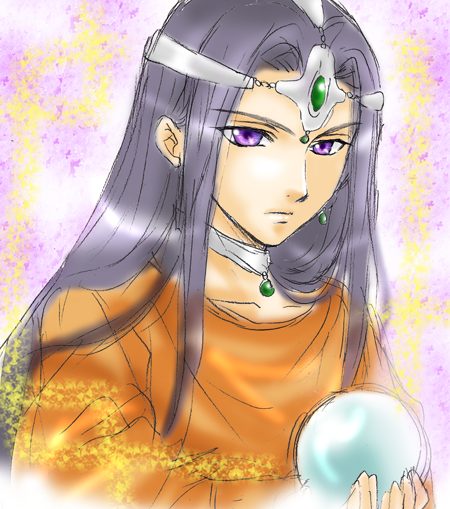 1girl circlet crystal_ball dragon_quest dragon_quest_iv dress earrings expressionless forehead_jewel gem green_gemstone hakusya_taki holding_orb jewelry long_hair looking_at_viewer minea_(dq4) neck_ring orange_dress orb portrait purple_eyes purple_hair sketch solo sphere_earrings