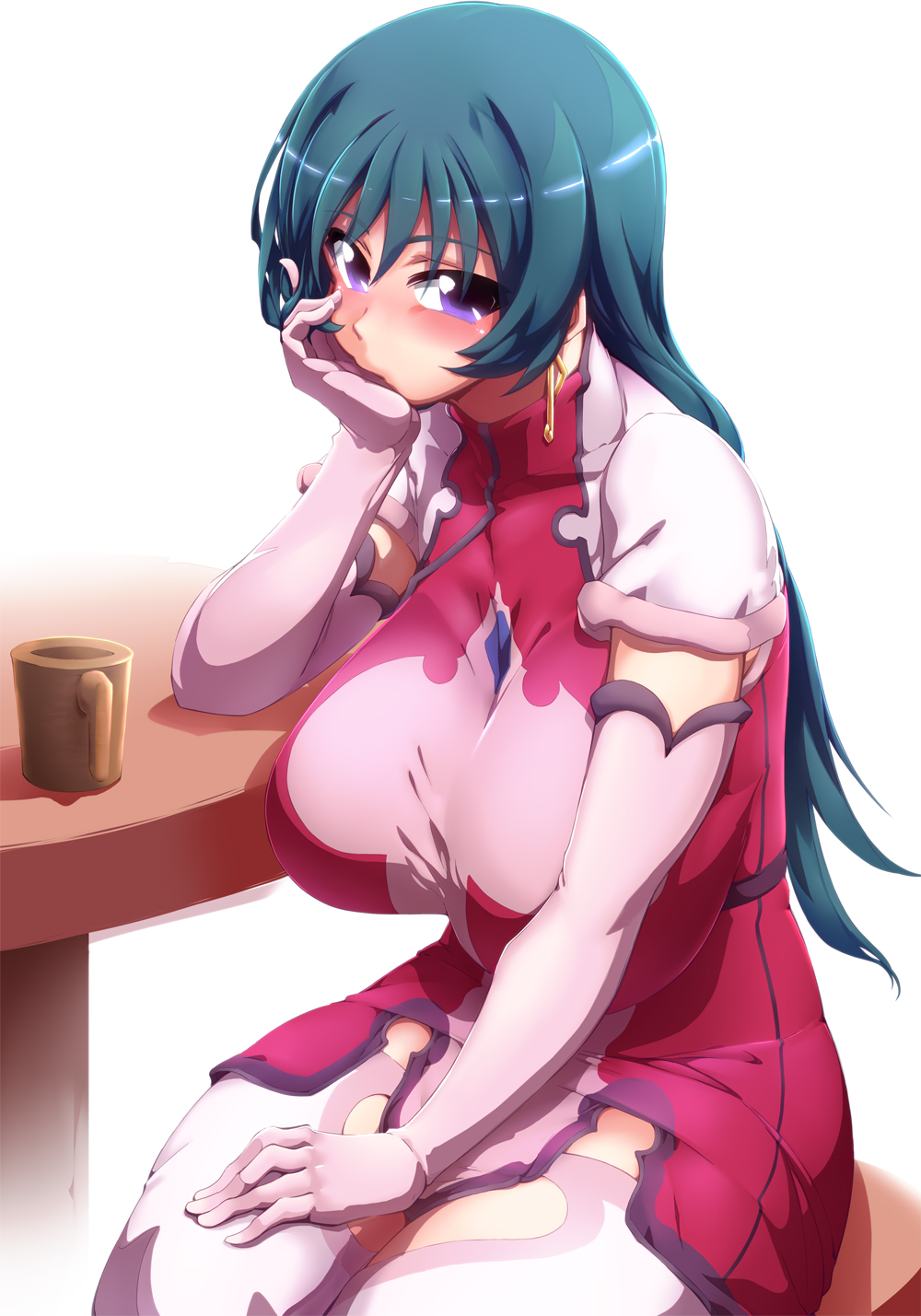 1girl blue_hair blush breasts chair commentary_request cup dress earrings elbow_gloves elbows_on_table female_focus gloves hand_on_own_cheek hand_on_own_face highres jewelry kotona_elegance large_breasts legs_together long_hair pink_dress pink_gloves pink_thighhighs purple_eyes short_dress simple_background solo table taut_clothes thighhighs tokyo_(great_akuta) white_background zoids zoids_genesis