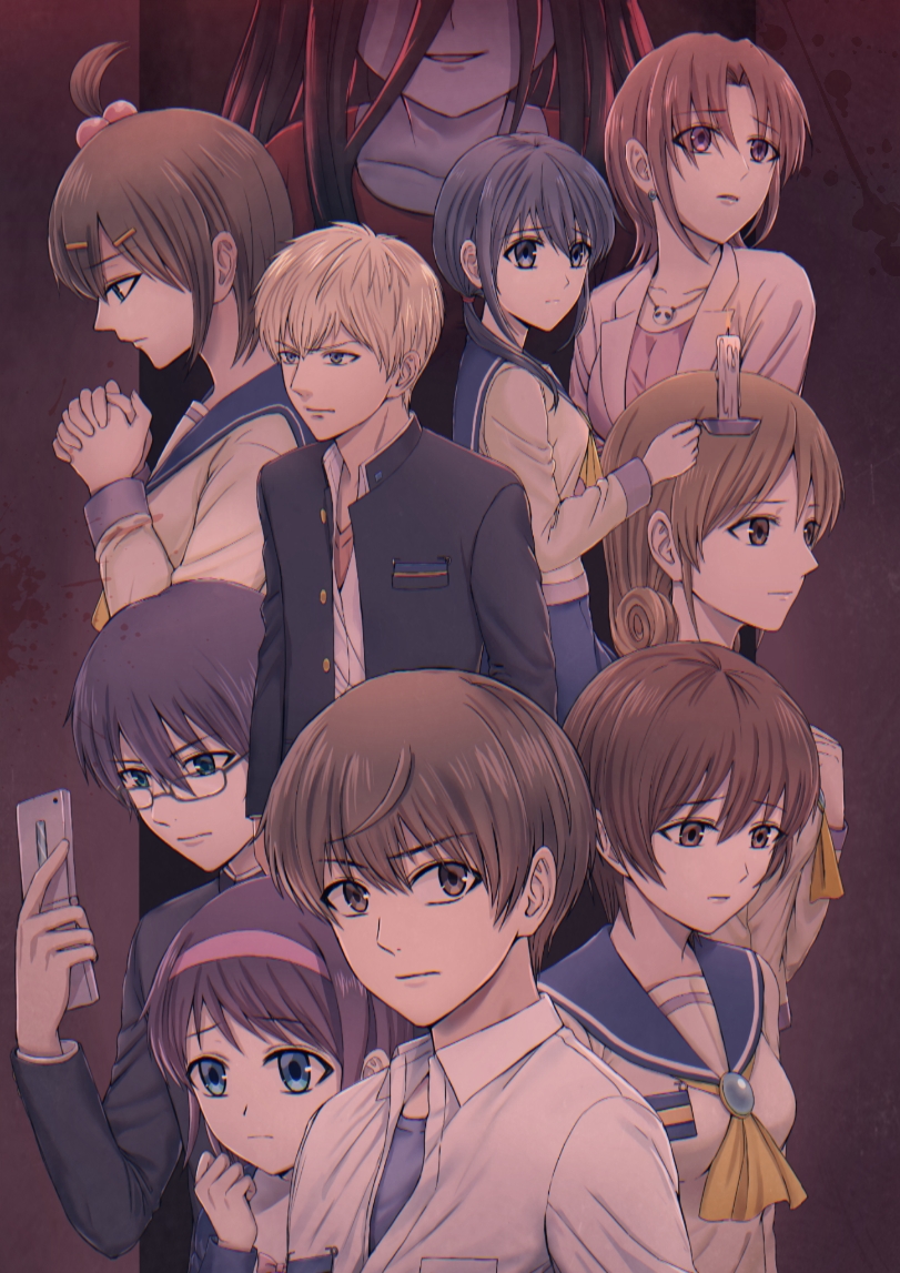 3boys 6+girls ahoge black_hair blood blood_splatter blue_eyes blue_hair blue_shirt blue_skin breasts brown_eyes candle cellphone child collarbone collared_shirt colored_skin corpse_party cpsuna5119 double_bun dress_shirt earrings everyone flip_phone gakuran glasses hair_bobbles hair_bun hair_ornament hairband hairclip holding holding_candle holding_phone jewelry kishinuma_yoshiki long_hair looking_away looking_down looking_up matching_hair/eyes medium_breasts mochida_satoshi mochida_yuka morishige_sakutarou multiple_boys multiple_girls nakashima_naomi neckerchief necklace nervous own_hands_clasped own_hands_together phone purple_background purple_hair purple_hairband school_uniform serafuku shinohara_seiko shinozaki_ayumi shinozaki_sachiko shirt shishido_yui short_hair sidelocks sideways_mouth skirt smile suzumoto_mayu tsurime unbuttoned unbuttoned_jacket unbuttoned_shirt undershirt white_shirt yellow_neckerchief