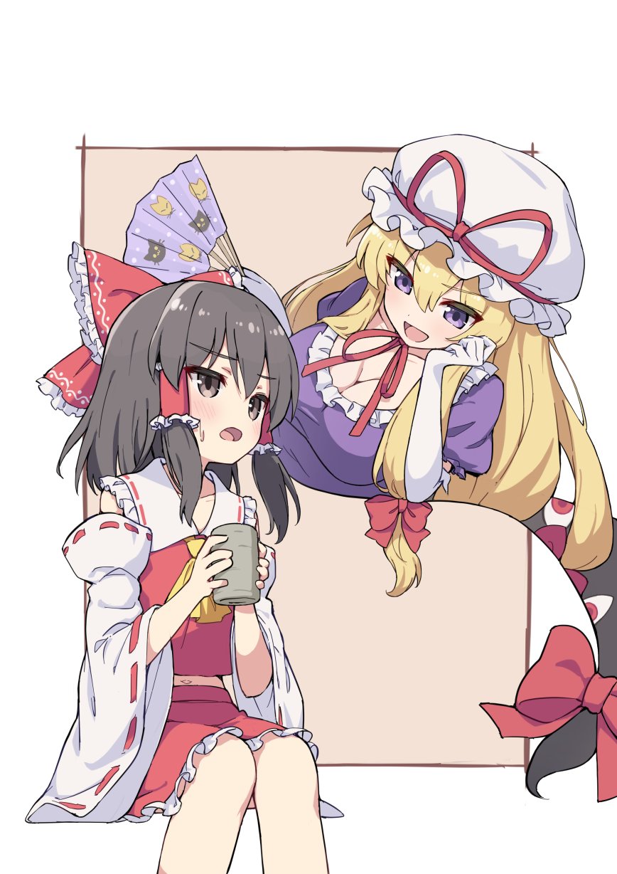 2girls animal_print ascot blonde_hair blush bow breasts brown_eyes brown_hair cat_print choker cleavage closed_mouth commentary cup detached_sleeves dress elbow_gloves folding_fan fox_print frilled_bow frilled_hair_tubes frills gap_(touhou) gloves hair_bow hair_tubes hakurei_reimu hand_fan hat hat_ribbon highres hiyaya_(kochi_michikaze) holding holding_cup holding_fan long_hair mob_cap multiple_girls multiple_hair_bows open_mouth print_folding_fan purple_dress purple_eyes red_bow red_ribbon red_skirt ribbon ribbon-trimmed_sleeves ribbon_choker ribbon_trim short_sleeves sitting skirt skirt_set smile sweatdrop touhou white_gloves yakumo_yukari yellow_ascot yunomi