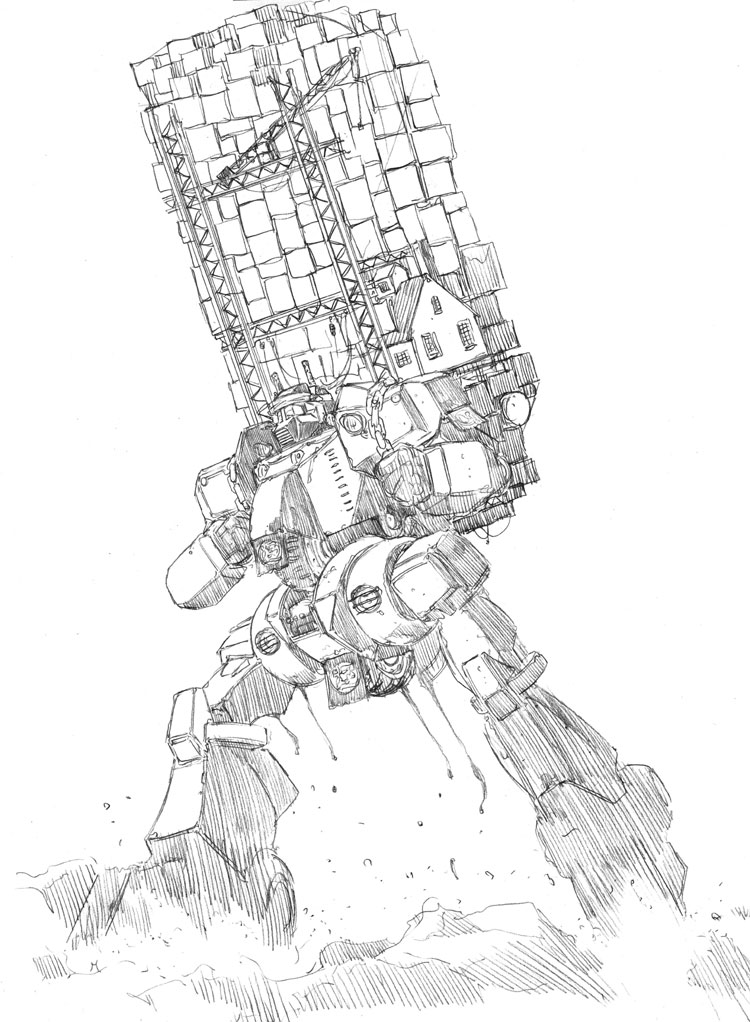 assault_visor chain commentary_request crane_(machine) dust graphite_(medium) greyscale house looking_ahead mecha monochrome nakamura_hirofumi robot science_fiction sentou_mecha_xabungle sketch solo traditional_media walker_gallia