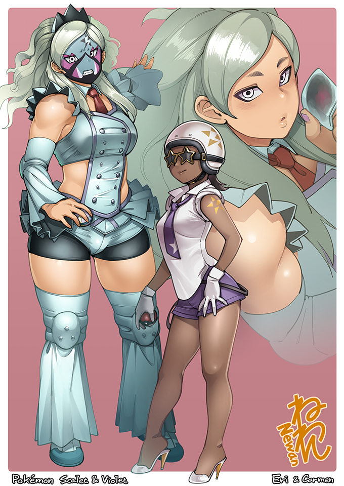 2girls black_hair breasts carmen_(pokemon) dark-skinned_female dark_skin eri_(pokemon) facepaint gloves grey_eyes grey_hair height_difference helmet high_heels long_hair medium_breasts motorcycle_helmet multiple_girls muscular muscular_female nail_polish necktie neone nintendo pink_nails pokemon pokemon_sv purple_necktie red_necktie short_shorts shorts shoulder_tattoo signature size_difference star-shaped_eyewear star_(symbol) tall_female tattoo team_star team_star_grunt thick_thighs thighs wide_hips