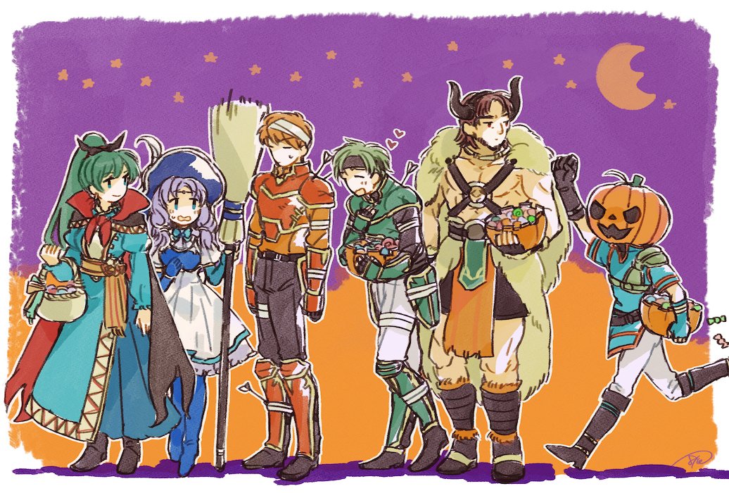 2girls 4boys armor bad_id bad_twitter_id bandages broom candy cape demon_horns dorcas_(fire_emblem) dorcas_(halloween)_(fire_emblem) fire_emblem fire_emblem:_the_blazing_blade florina_(fire_emblem) food fur fur_collar gauntlets grin halloween halloween_bucket halloween_costume hat horns kent_(fire_emblem) lyn_(fire_emblem) multiple_boys multiple_girls murabito_ba nintendo pumpkin pumpkin_hat sain_(fire_emblem) smile sweets wavy_hair wil_(fire_emblem) witch_hat