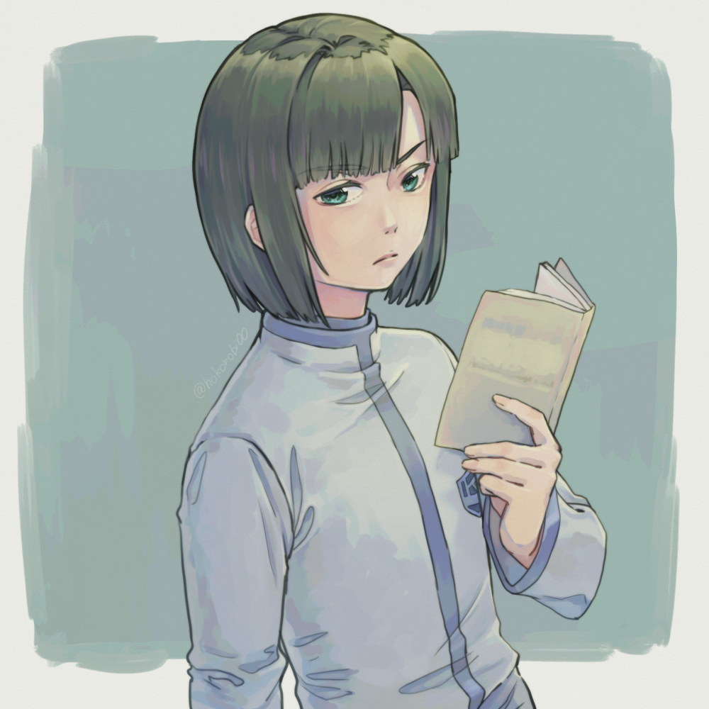 1boy bob_cut book border closed_mouth frown green_eyes grey_background hikaru_no_go holding holding_book long_sleeves male_focus open_book s_(happycolor_329) school_uniform short_hair solo touya_akira upper_body white_border