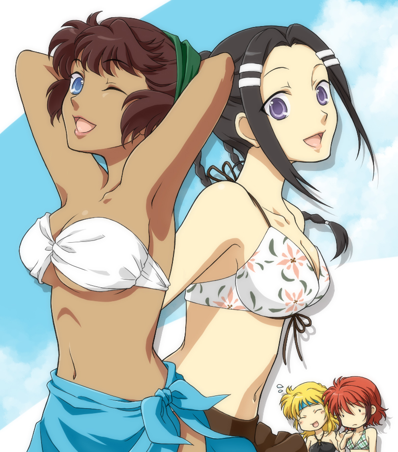 4girls armpits arms_behind_back arms_up bandeau banpresto bikini bikini_top_only breast_envy breasts dark-skinned_female dark_skin ibis_douglas lips lune_zoldark mizuki_kaya multiple_girls one_eye_closed red_hair ricarla_borgnine rio_meilong smile super_robot_wars swimsuit underboob wink wl_valsion