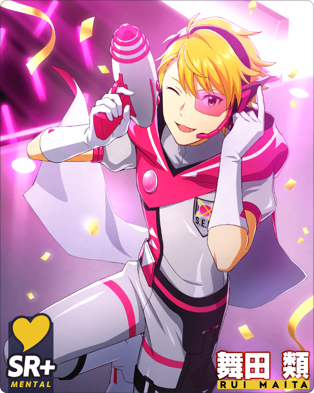 1boy ahoge blonde_hair brown_eyes card_(medium) character_name confetti energy_gun gloves headset holding holding_weapon idolmaster idolmaster_side-m idolmaster_side-m_growing_stars maita_rui male_focus official_art one_eye_closed open_mouth s.e.m_(idolmaster) solo streamers weapon