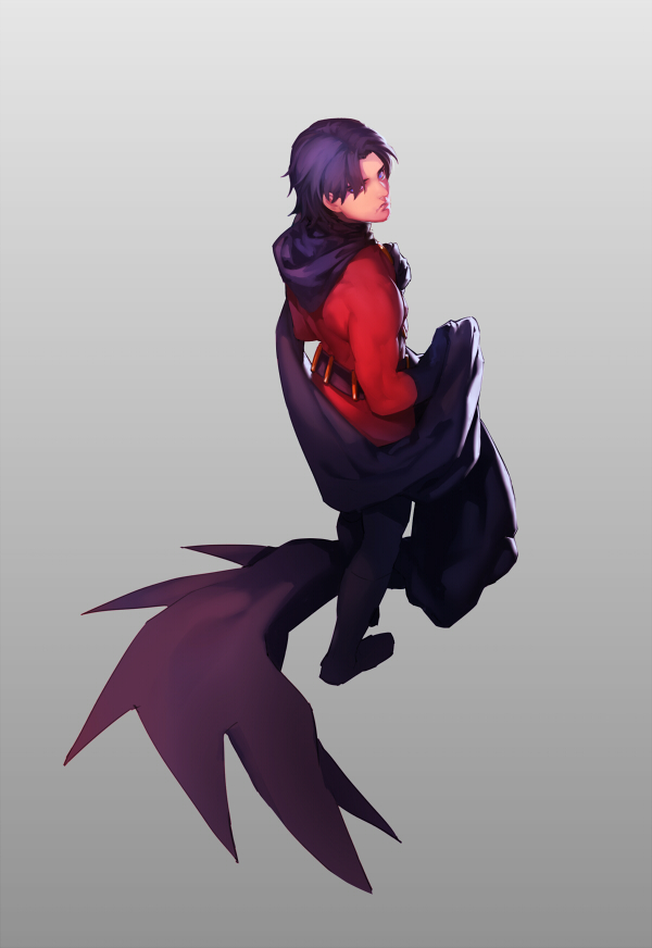 1boy belt black_cape black_gloves black_hair blue_eyes boots cape dc_comics full_body gloves male_focus over_shoulder red_robin simple_background solo tim_drake