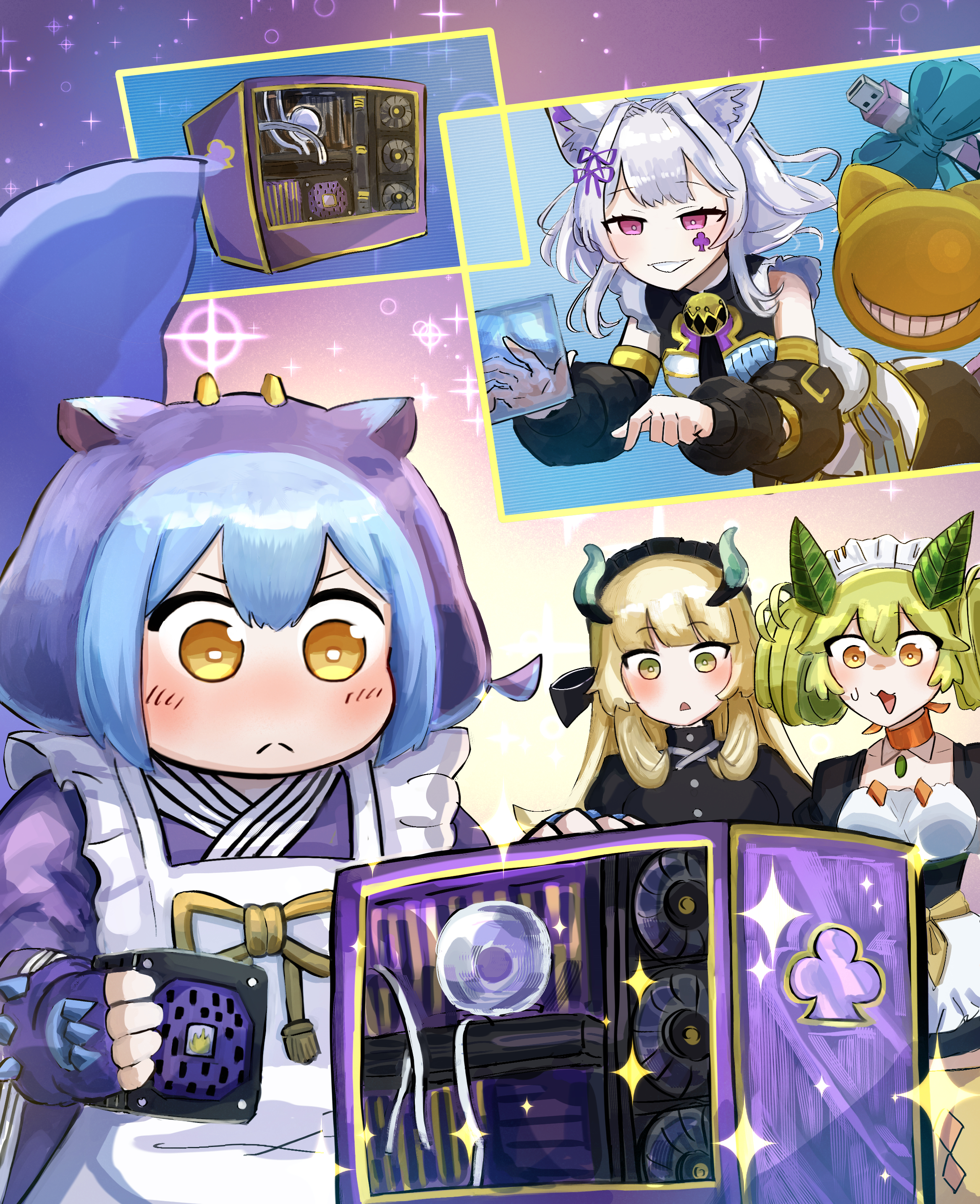 4girls absurdres animal_ear_fluff animal_ears apron ascot bell black_ascot blonde_hair blue_hair blue_kimono blunt_bangs blush breasts cat_ears cat_girl chamber_dragonmaid clenched_teeth closed_mouth club_(shape) collarbone commission detached_collar detached_sleeves dragon_girl dragon_horns dragon_tail duel_monster eastern_dragon_horns frilled_apron frilled_hairband frills green_eyes green_hair grey_hair hair_intakes hair_ornament hairband hatano_kiyoshi highres holding horns japanese_clothes kimono laundry_dragonmaid long_sleeves looking_at_another maid maid_apron maid_headdress maliss_<p>_chessy_cat medium_breasts multiple_girls neck_bell open_mouth orange_eyes parlor_dragonmaid pink_eyes pixiv_commission short_hair short_twintails smile tablet_pc tail teeth twintails wa_maid waist_apron white_apron yu-gi-oh!
