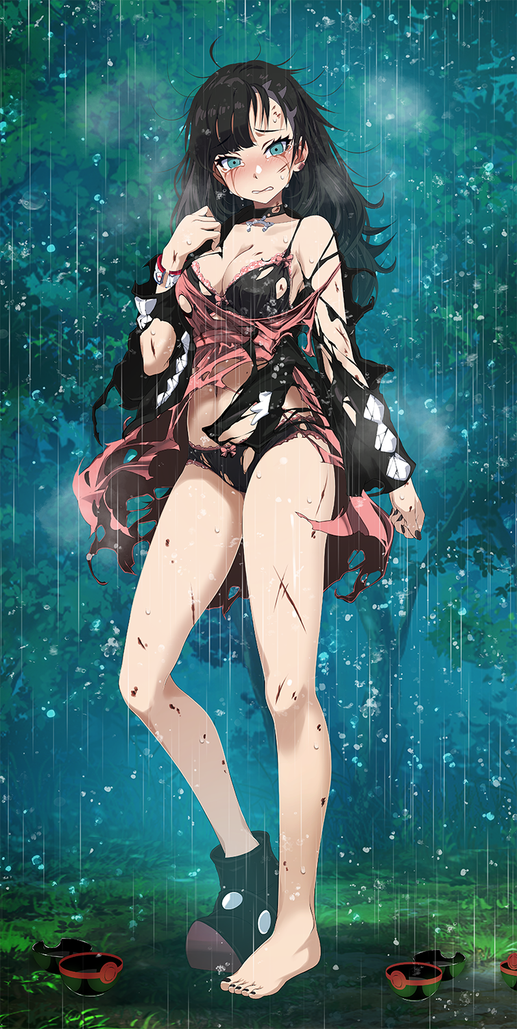 1girl asymmetrical_bangs barefoot black_bra black_choker black_hair black_nails black_panties black_sleeves boots bra breasts bruise bruise_on_face choker cleavage clenched_teeth collarbone crying dress forest full_body game_freak green_eyes hair_down highres injury left_shoe_removed long_hair long_sleeves looking_at_viewer marnie_(pokemon) medium_breasts nail_polish nature nintendo o_saika open_poke_ball outdoors panties pink_dress pokemon pokemon_swsh rain short_dress single_boot solo standing tears teeth toenail_polish toenails torn_bra torn_clothes torn_dress torn_panties torn_sleeves underwear