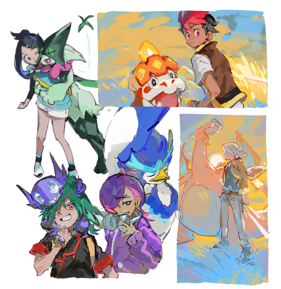 2girls 3boys antenna_hair black_hair black_jacket black_shirt bracelet brown_vest charizard colored_inner_hair crocalor dot_(pokemon) friede_(pokemon) gen_1_pokemon gen_3_pokemon green_hair hand_up headphones jacket jewelry liko_(pokemon) maumaujanken meowscarada multicolored_hair multiple_boys multiple_girls nintendo pokemon pokemon_(anime) pokemon_(creature) pokemon_horizons purple_hair purple_jacket quaxwell red_hair sableye shirt shoes short_sleeves shorts socks standing two-tone_hair ult_(pokemon) vest white_shorts