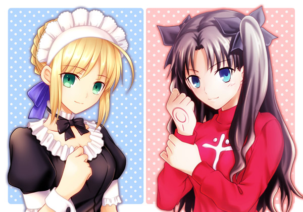 2girls ahoge artoria_pendragon_(fate) black_hair blonde_hair blue_eyes braid breasts cleavage command_spell commentary_request fate/hollow_ataraxia fate_(series) green_eyes hisohiso_(altoblue) maid maid_headdress medium_breasts multiple_girls polka_dot polka_dot_background saber_(fate) smile tohsaka_rin turtleneck two_side_up wrist_cuffs