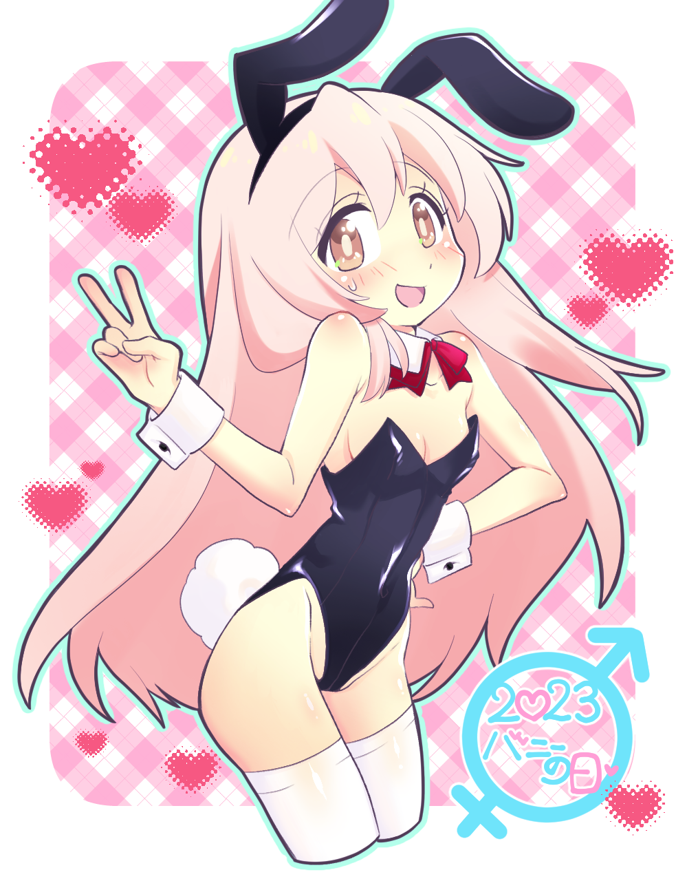 1girl 2023 :d alternate_costume animal_ear_hairband animal_ears bare_arms bare_shoulders black_hairband black_leotard blue_outline blush breasts brown_eyes bunny_day commentary cropped_legs detached_collar fake_animal_ears flying_sweatdrops genderswap genderswap_(mtf) hair_between_eyes hairband hand_on_own_hip heart highleg highleg_leotard highres leotard long_hair male-female_symbol neck_ribbon nemu0701 onii-chan_wa_oshimai! open_mouth outline oyama_mahiro pink_hair plaid_background rabbit_ears rabbit_tail red_ribbon ribbon simple_background small_breasts smile solo strapless strapless_leotard tail thighhighs v very_long_hair white_thighhighs wrist_cuffs