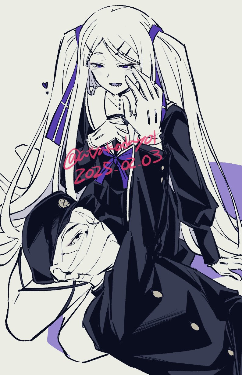 1boy 1girl arm_support atyakodayo1 bandaged_head bandages black_jacket covered_face dated gakuran gakuseibou geminism gloves hair_ribbon hat heart highres hirosoma_kikyou jacket lap_pillow long_hair long_sleeves looking_at_another neckerchief one_eye_covered open_mouth pleated_skirt purple_eyes purple_hair purple_neckerchief purple_ribbon reaching reaching_towards_another ribbon school_uniform serafuku simple_background sitting skirt smile swept_bangs twitter_username two_side_up very_long_hair white_hair yamaga_awasumi yokozuwari