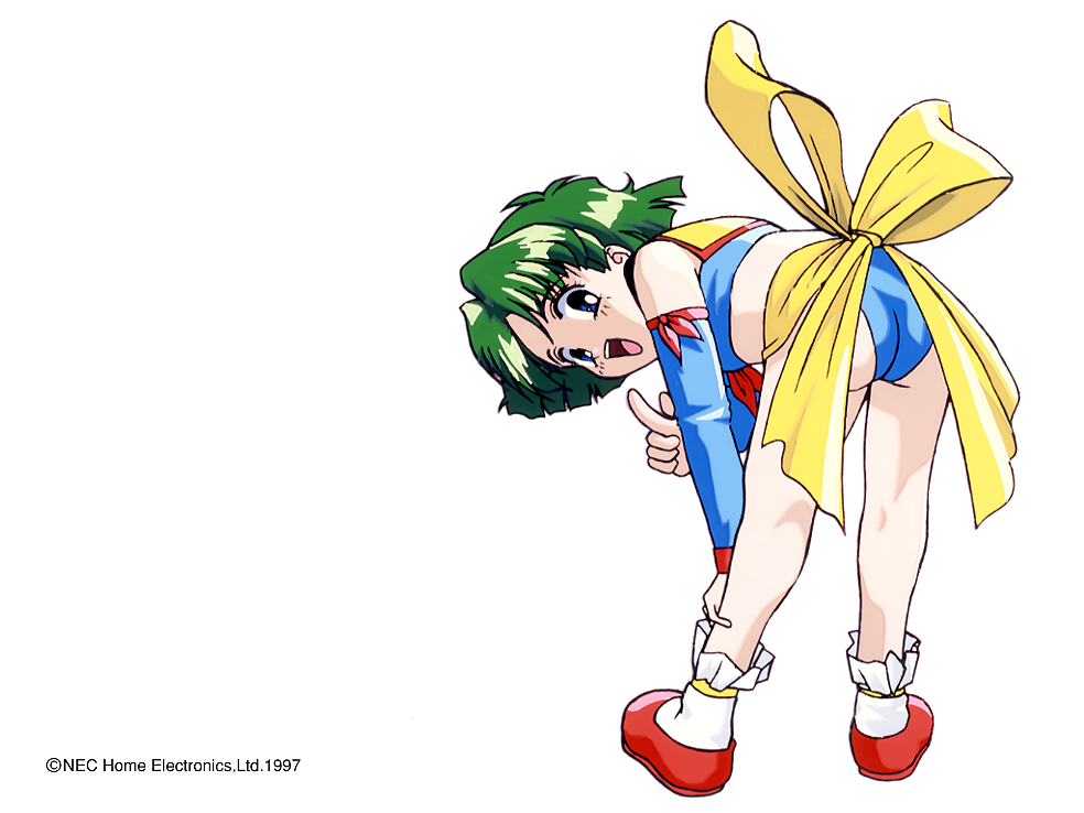 1990s_(style) 1997 1girl ass back_bow bent_over blue_eyes bow company_name copyright_notice detached_sleeves full_body green_hair hand_on_leg index_finger_raised looking_at_viewer looking_back non-web_source official_art open_mouth red_footwear retro_artstyle short_hair simple_background solo sparkling_feather_(hune_x) standing white_background