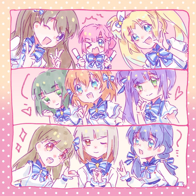 &gt;_o 365_days_(love_live!) 6+girls :d ;d ^^^ anyoji_hime blonde_hair blue_bow blue_bowtie blue_eyes blue_hair blue_ribbon blunt_bangs blunt_ends bob_cut border bow bowtie braid breasts brown_hair center-flap_bangs collared_shirt colored_inner_hair commentary crossed_bangs diagonal_bangs don_gz fang fujishima_megumi glowstick gradient_border gradient_hair green_eyes green_hair grey_hair hair_bow hair_bun hair_ribbon heart hinoshita_kaho holding holding_glowstick inverted_bob kachimachi_kosuzu light_blue_hair link!_like!_love_live! long_hair long_sleeves love_live! low_twintails medium_breasts medium_hair momose_ginko multi-tied_hair multicolored_hair multiple_girls murano_sayaka one_eye_closed open_mouth orange_eyes orange_hair osawa_rurino otomune_kozue penlight_(glowstick) pink_border pink_eyes pink_hair polka_dot_border ponytail puffy_long_sleeves puffy_short_sleeves puffy_sleeves purple_eyes purple_hair red_hair ribbon shirt short_hair short_sleeves side_braids side_ponytail sidelocks single_side_bun smile sparkle straight_hair streaked_hair striped_bow twintails two_side_up virtual_youtuber white_shirt yellow_border yugiri_tsuzuri