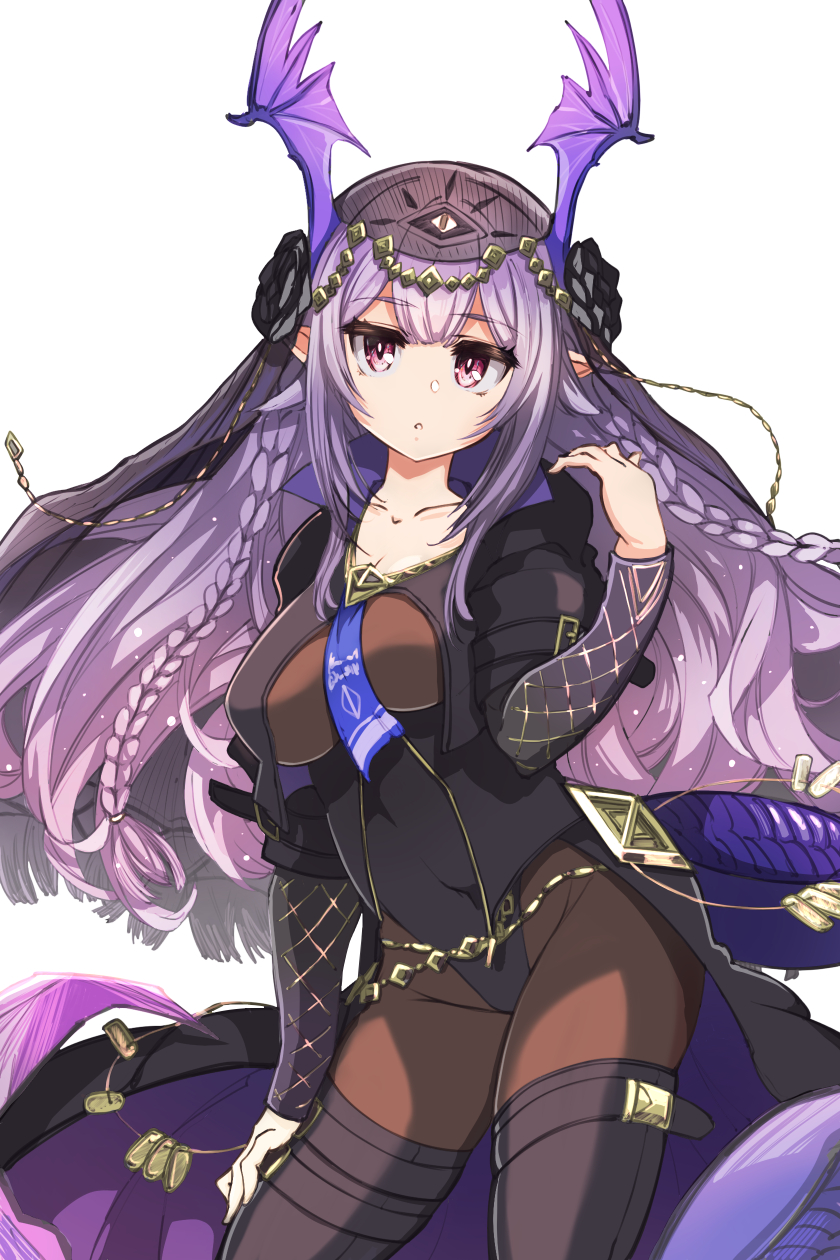 1girl arknights black_pantyhose braid breasts dog_tags haku_(grimjin) hand_on_own_thigh head_wings highres large_breasts long_sleeves looking_at_viewer manticore_(arknights) manticore_(under_a_veil)_(arknights) medium_breasts official_alternate_costume pantyhose pointy_ears purple_eyes purple_hair simple_background solo tail veil white_background wings