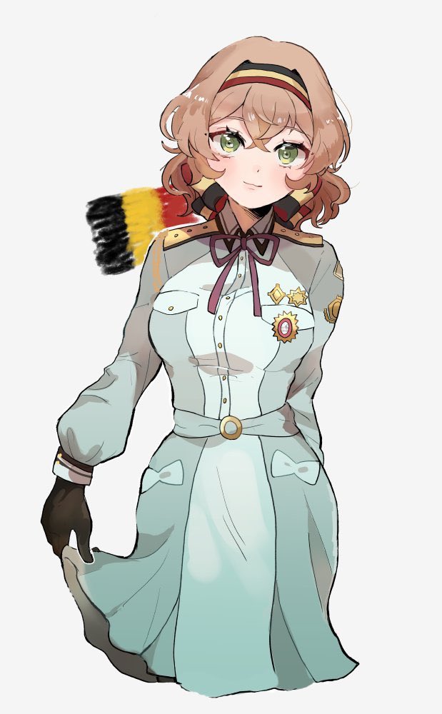 1girl :3 arm_behind_back axis_powers_hetalia badge belbeltomato belgian_flag belgium_(hetalia) black_gloves bow breast_pocket buttons clothes_lift gloves green_eyes grey_background hair_ribbon medal military_uniform pocket ribbon short_hair skirt skirt_lift solo