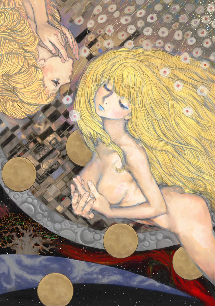 2girls ass blonde_hair blue_eyes blue_eyeshadow blue_lips blush collarbone completely_nude covering_privates covering_breasts dianna_soreil eyeshadow floating gundam head_tilt highres kihel_heim makeup multiple_girls novel_illustration nude official_art own_hands_together puckered_lips space tree turn_a_gundam yasuda_akira