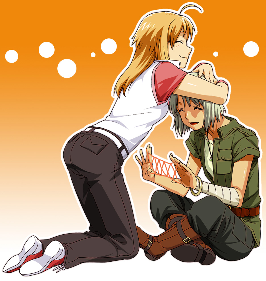 2girls 428 428:_fuusa_sareta_shibuya_de ahoge androgynous bandages bangle belt blonde_hair blush boots bracelet canaan_(character) canaan_(series) casual cat&#039;s_cradle chunsoft closed_eyes gradient_background hand_on_another&#039;s_head hands_on_another&#039;s_head happy head_hold head_rest hug indian_style jewelry kneeling leaning long_hair mori_(unknown.) multiple_girls oosawa_maria orange_background outline reverse_trap shoes short_hair sitting smile sneakers string white_background white_hair wristband