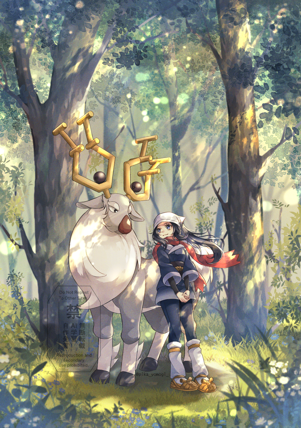 1girl akari_(pokemon) black_hair day galaxy_expedition_team_survey_corps_uniform headscarf highres jacket long_hair nintendo outdoors pantyhose pokemon pokemon_(creature) pokemon_legends:_arceus red_scarf scarf socks standing tree white_headscarf wyrdeer yomogi_(black-elf)