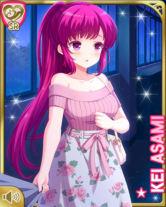 1girl :o asami_kei bare_shoulders breasts card_(medium) character_name cleavage dress floral_print girlfriend_(kari) hallway indoors large_breasts night official_art open_mouth pink_eyes pink_hair pink_sweater qp:flapper school sleeveless solo standing sweater tagme white_dress window
