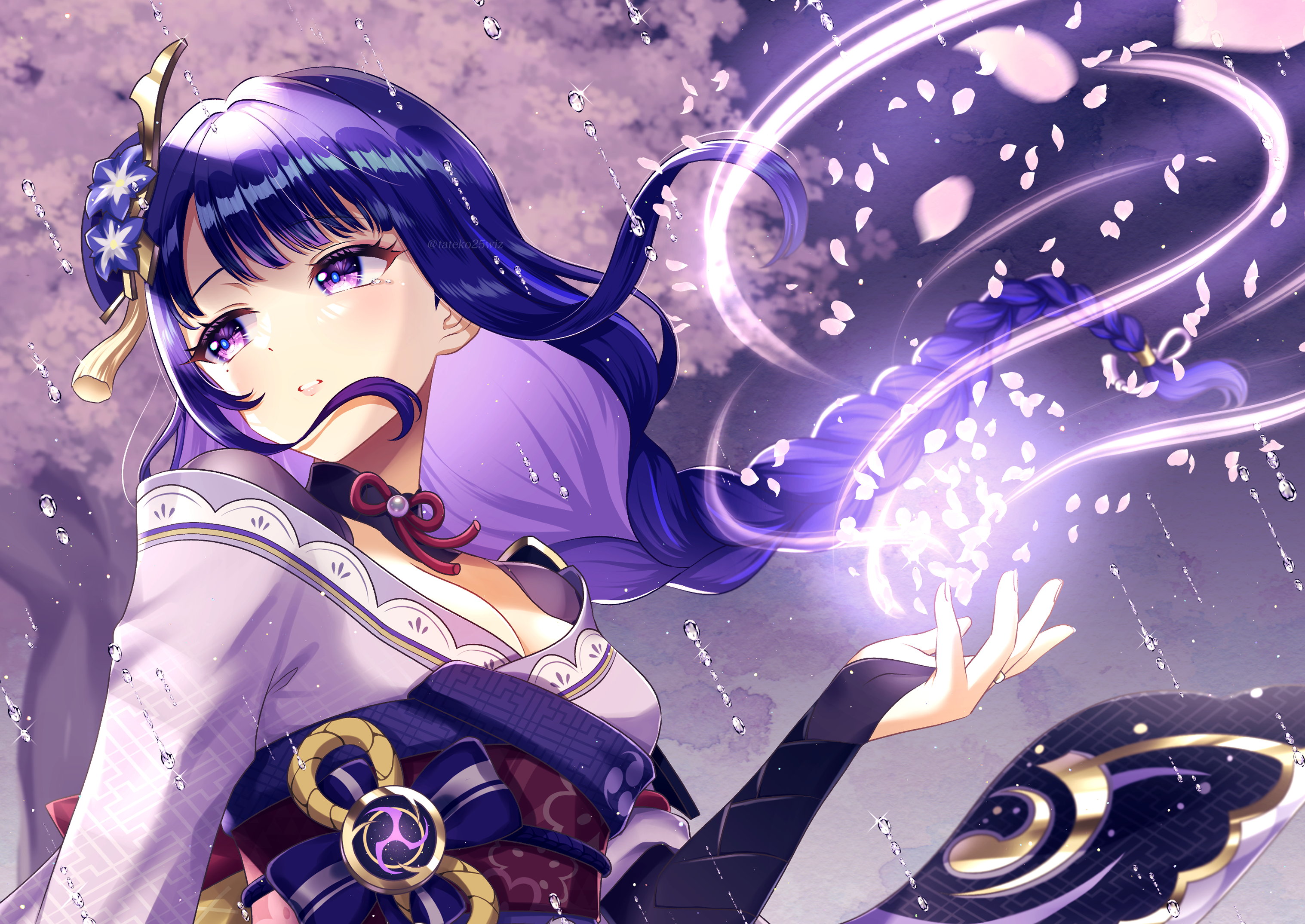 1girl breasts bridal_gauntlets commentary_request flower genshin_impact glowing hair_flower hair_ornament highres japanese_clothes kimono long_braid long_hair looking_to_the_side medium_breasts mitsudomoe_(shape) obi open_hand parted_lips purple_eyes purple_flower purple_hair purple_kimono purple_theme raiden_shogun rain sash solo tateko25wiz tomoe_(symbol) vision_(genshin_impact) wind