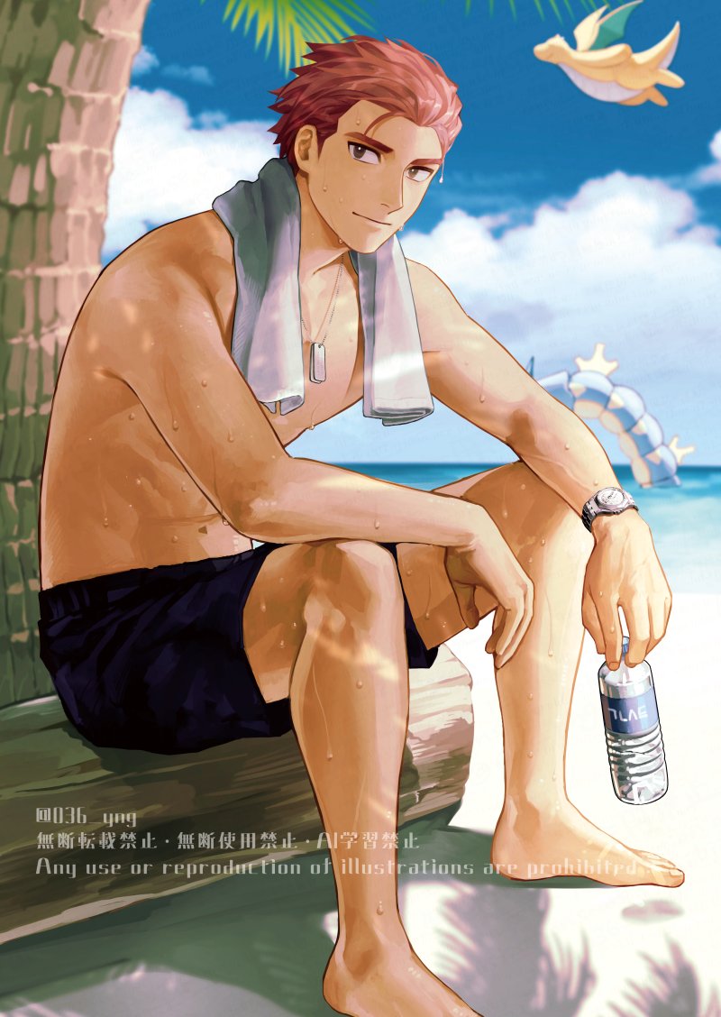 1boy alternate_costume barefoot beach black_male_swimwear bottle cloud commentary day dog_tags dragonite gen_1_pokemon gyarados holding holding_bottle lance_(pokemon) looking_to_the_side male_focus male_swimwear nintendo outdoors pokemon pokemon_(creature) pokemon_hgss red_hair sand shore short_hair sitting sky symbol-only_commentary toes towel towel_around_neck watch water water_bottle watermark wristwatch y_(036_yng)