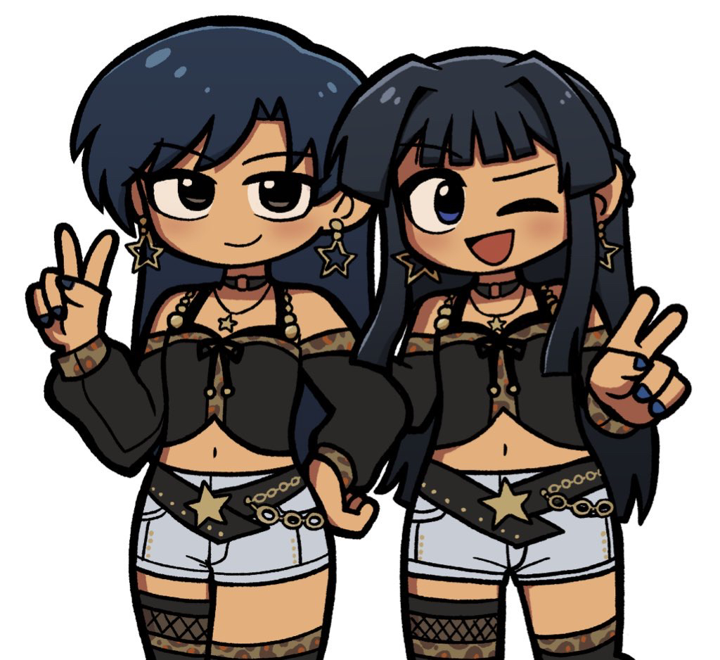 2girls :d animal_print bare_shoulders belt black_belt black_hair black_shirt blue_hair blue_nails blunt_bangs blunt_ends brown_eyes cartoonized chain choker closed_mouth cowboy_shot curtained_hair detached_sleeves earrings fis_(t83192933) fishnet_thigh_strap flat_chest forehead gyaru hand_on_own_hip holding_another&#039;s_arm idolmaster idolmaster_(classic) idolmaster_million_live! idolmaster_million_live!_theater_days jewelry kisaragi_chihaya leopard_print long_hair long_sleeves looking_at_viewer midriff mogami_shizuka multiple_girls navel necklace one_eye_closed open_mouth parted_bangs shirt shorts sidelocks simple_background smile standing star_(symbol) star_earrings star_necklace toon_(style) v white_background white_shorts