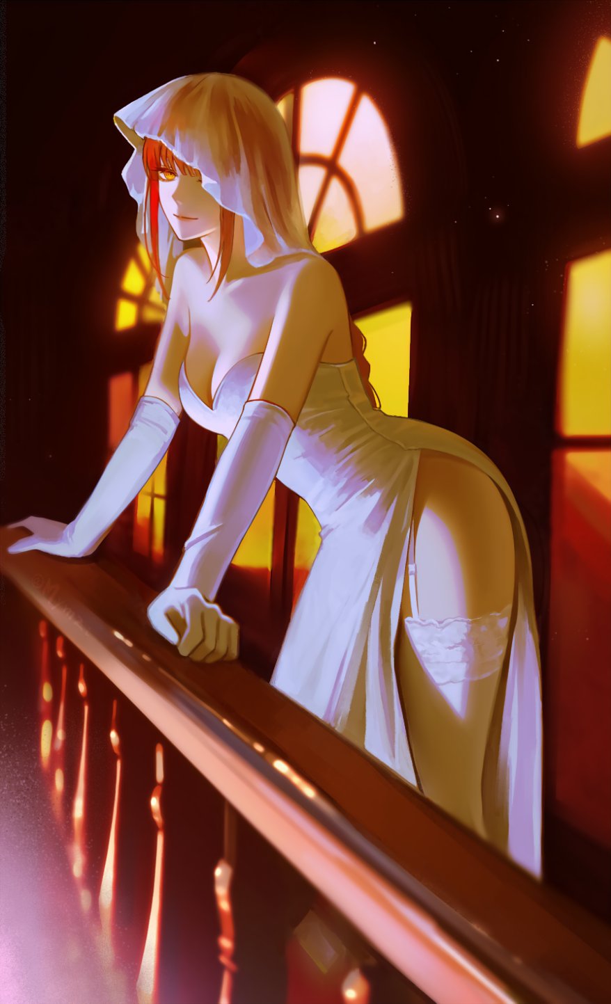 1girl braid braided_ponytail bridal_veil chainsaw_man closed_mouth dress elbow_gloves garter_straps gloves highres long_hair looking_at_viewer makima_(chainsaw_man) mymzi red_hair ringed_eyes side_slit sleeveless sleeveless_dress smile solo strapless strapless_dress thighhighs veil wedding_dress white_garter_straps white_gloves white_thighhighs yellow_eyes