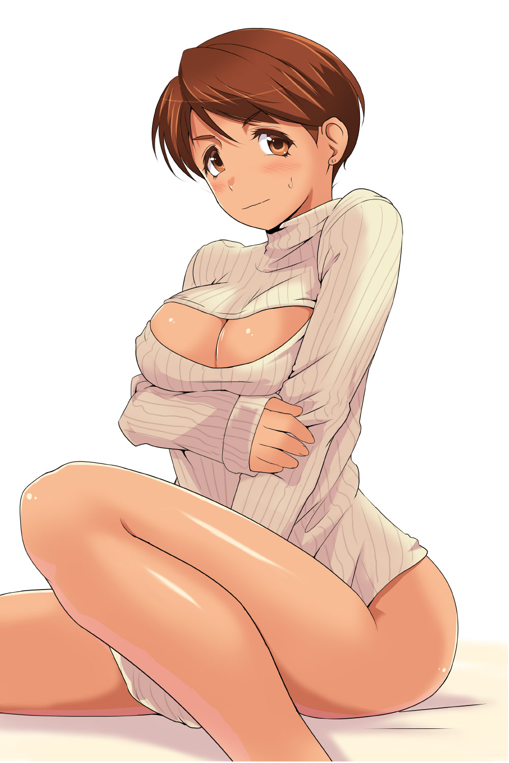 1girl arm_under_breasts bad_id bad_pixiv_id blush blz breasts brown_eyes brown_hair cleavage dark-skinned_female dark_skin female_focus highres looking_at_viewer meme_attire open-chest_sweater ribbed_sweater short_hair sitting solo super_real_mahjong sweatdrop sweater toono_mizuki virgin_killer_sweater