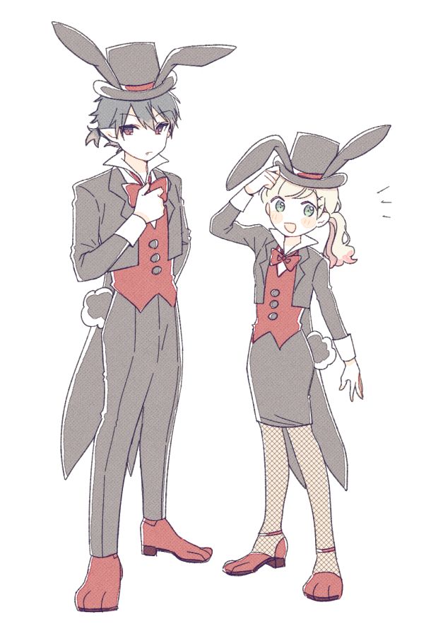 1boy 1girl alternate_costume animal_costume animal_ear_headwear animal_ears arne_neuntote arne_no_jikenbo black_hair black_hat black_jacket black_pants black_pantyhose black_skirt blazer blonde_hair bow bowtie closed_mouth coattails collared_shirt commentary commentary_request cropped_jacket dress_pants dress_shirt dress_shoes english_commentary expressionless fake_animal_ears fake_tail fang fang_out fishnet_pantyhose fishnets floppy_ears formal_clothes full_body green_eyes hair_between_eyes hair_ornament hairclip hand_on_own_chest hand_on_own_head happy hat height_difference high_collar high_heels jacket light_blush long_hair long_sleeves looking_at_viewer lynn_reinweiss medium_skirt mixed-language_commentary notice_lines open_clothes open_jacket pale_skin pants pantyhose pencil_skirt pointy_ears ponytail pumps rabbit_costume rabbit_ears rabbit_tail red_bow red_bowtie red_eyes red_shoes red_vest shirt shoes short_hair short_ponytail shuntaro_(tya_nya0000) simple_background skirt standing tail tareme top_hat traditional_bowtie vampire vest white_background white_shirt white_sleeve_cuffs x_hair_ornament