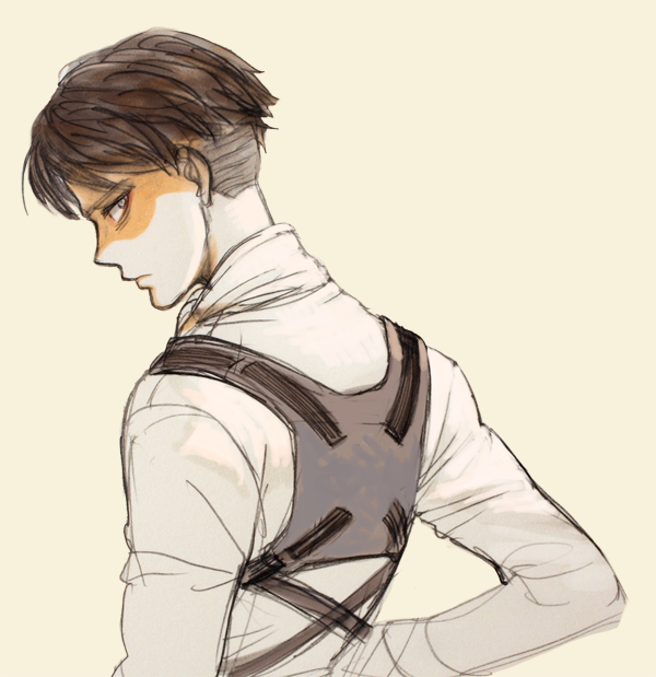 1boy brown_hair collared_shirt from_side frown levi_(shingeki_no_kyojin) looking_to_the_side male_focus prema-ja shaded_face shingeki_no_kyojin shirt short_hair sideways_glance solo three-dimensional_maneuver_gear white_background