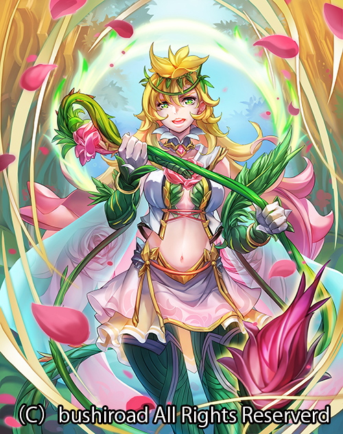 10s 1girl blonde_hair cape cardfight!!_vanguard center_opening company_name female_focus flower gloves green_eyes hair_flower hair_ornament leaf long_hair maiden_of_damask_rose midriff navel official_art open_mouth petals plant rose solo teeth todee tree vines