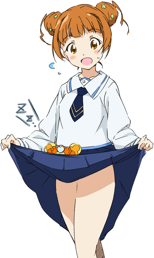 1girl blush brown_eyes brown_hair clothes_lift collarbone dokidoki!_precure double_bun hair_bun hair_ornament looking_at_viewer necktie open_mouth precure rance_(dokidoki!_precure) simple_background skirt skirt_basket skirt_lift smile sweat umanosuke white_background yotsuba_alice
