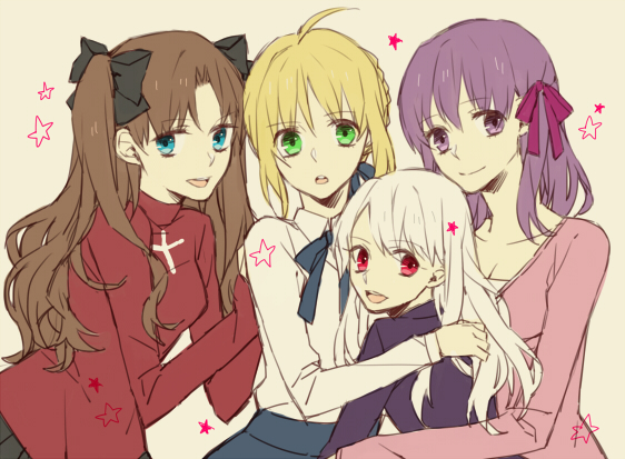 4girls ahoge artoria_pendragon_(fate) bad_id bad_pixiv_id blonde_hair blue_eyes brown_hair fate/stay_night fate_(series) green_eyes hair_ribbon illyasviel_von_einzbern long_hair matou_sakura multiple_girls naname13 purple_eyes purple_hair ribbon saber_(fate) siblings sisters tohsaka_rin two_side_up white_hair